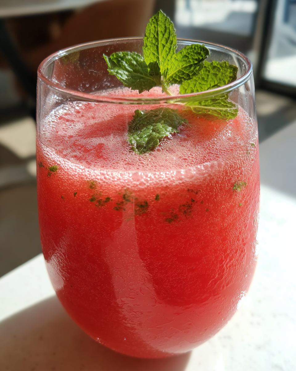Close-up of a glass of Watermelon Mint Agua Fresca, garnished with fresh mint leaves.