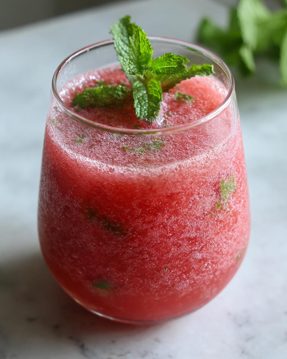 Close-up of a glass filled with Watermelon Mint Agua Fresca, garnished with fresh mint leaves.