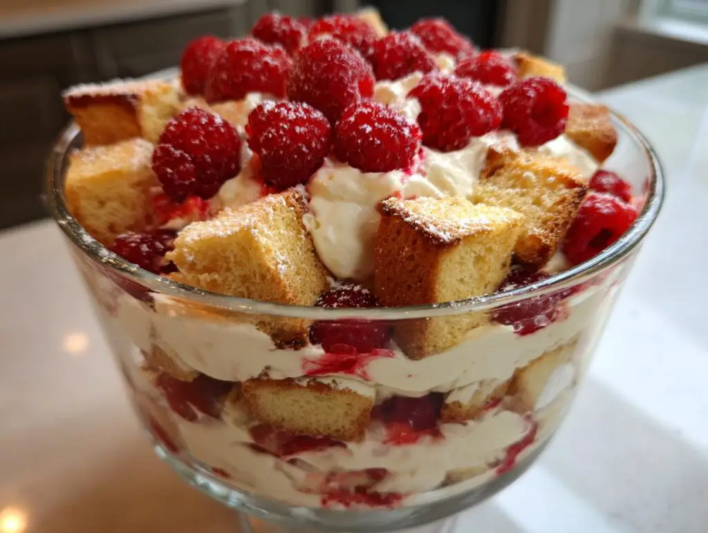 Close-up of a White Chocolate Raspberry Trifle. Layers of cake, cream, and fresh raspberries.