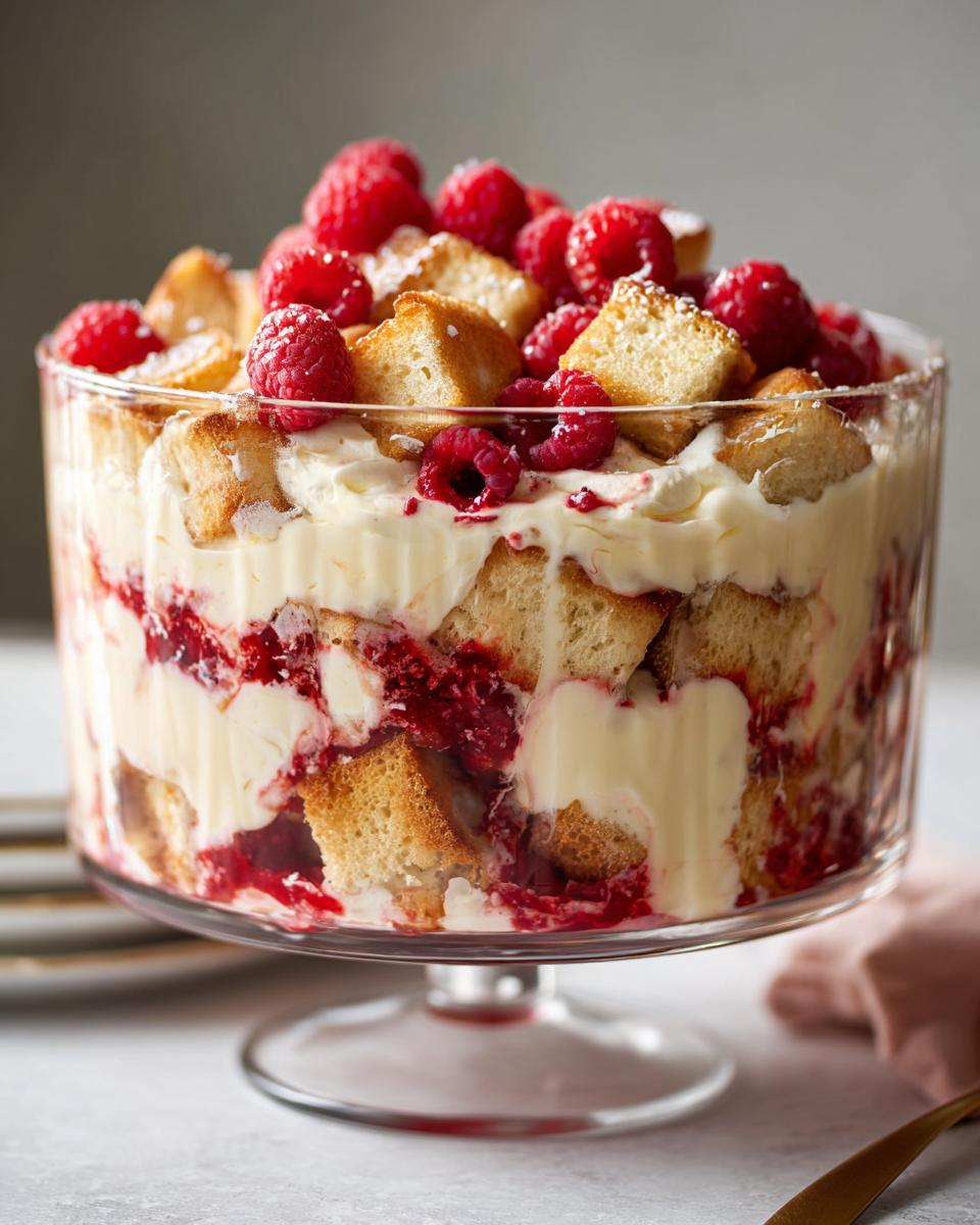 A beautiful White Chocolate Raspberry Trifle layered in a glass bowl, topped with fresh raspberries.