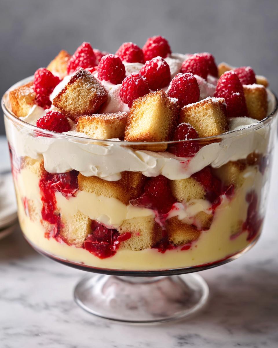A beautiful White Chocolate Raspberry Trifle layered with cake, cream, and fresh raspberries.