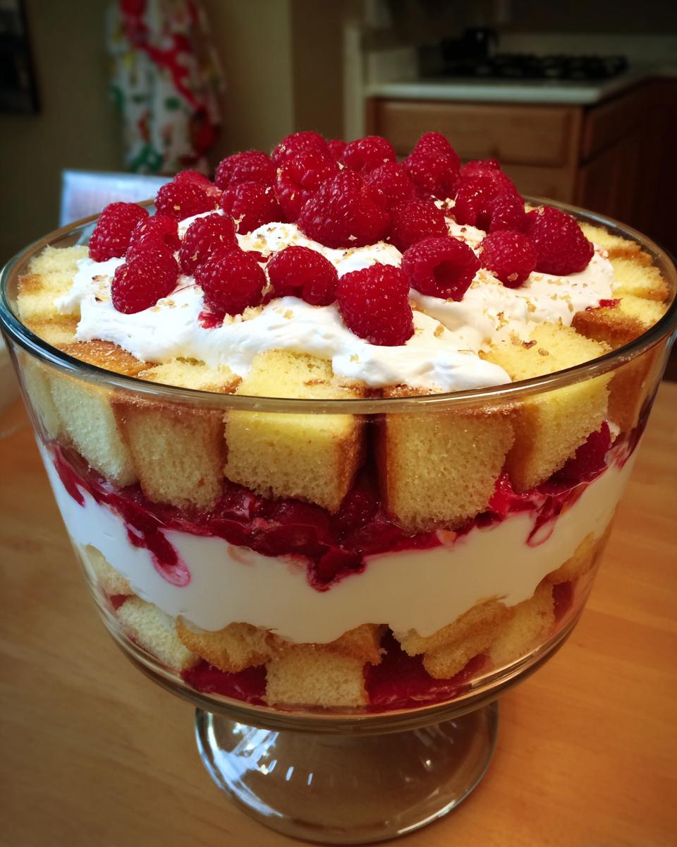 A layered White Chocolate Raspberry Trifle in a glass bowl, topped with fresh raspberries and whipped cream.