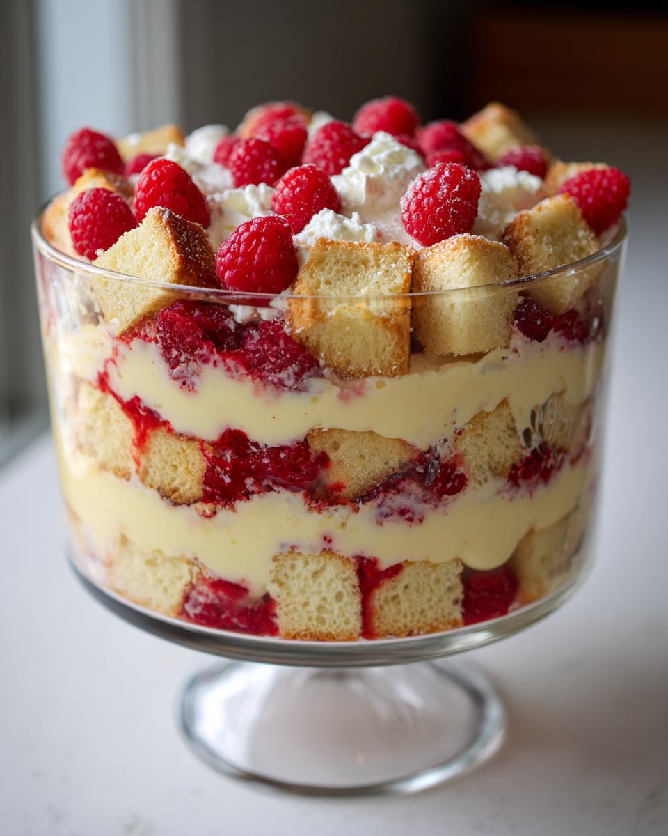 A layered White Chocolate Raspberry Trifle in a glass bowl, with fresh raspberries and whipped cream.