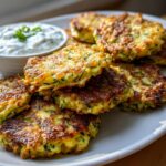 Close-up of golden-brown Zucchini Fritters served with creamy Tzatziki dip.