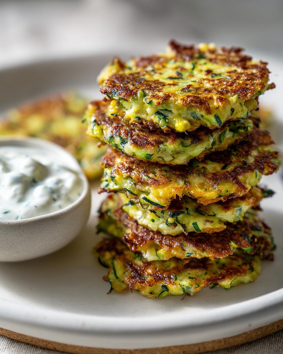 Stack of golden-brown Zucchini Fritters served with a side of creamy Tzatziki sauce.