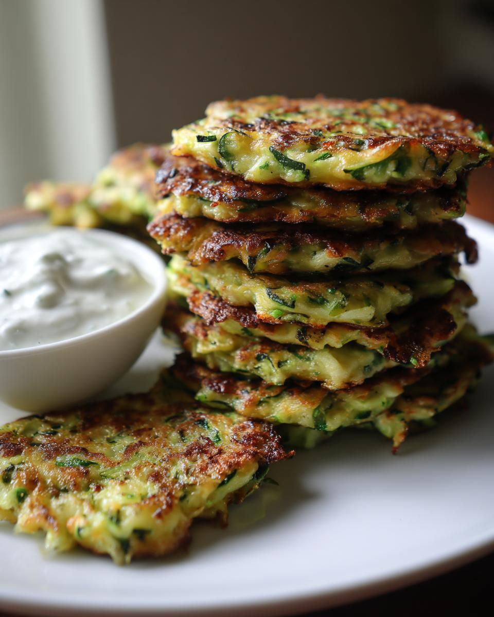 A stack of golden-brown Zucchini Fritters served with a side of creamy Tzatziki sauce.