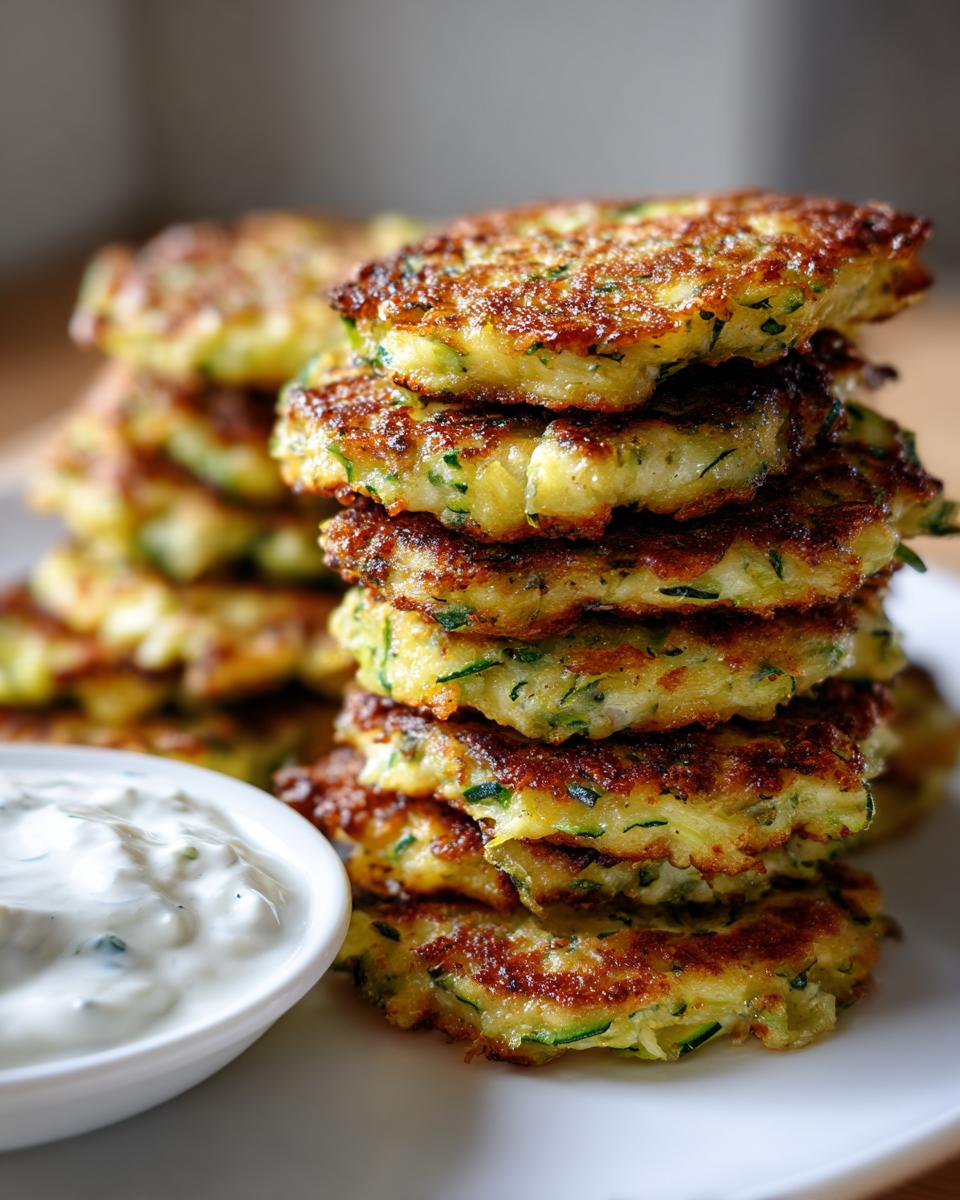 A stack of golden-brown Zucchini Fritters served with a side of creamy Tzatziki sauce.