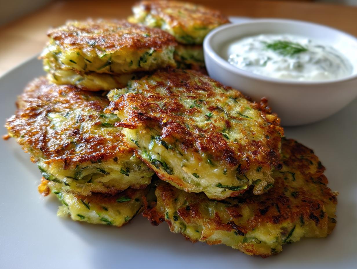 Stack of golden-brown Zucchini Fritters with a side of creamy Tzatziki sauce, perfect for dipping.
