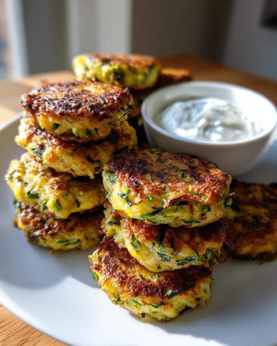 Stack of golden-brown Zucchini Fritters with a side of creamy tzatziki sauce.